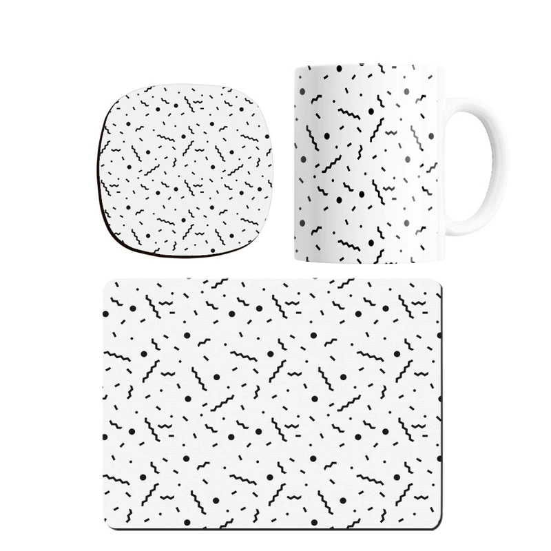 ماگ ترمه طراحان ایده مدل پترن دایره و خط مشکی کد strm0241 همراه با زیر لیوانی و موس پد