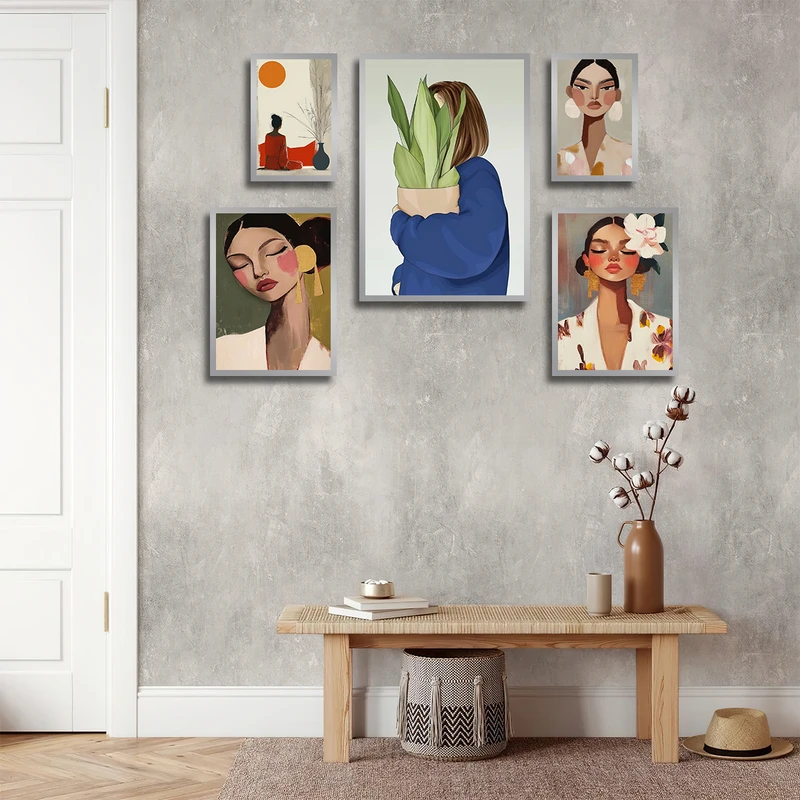 تابلو بکلیت طرح نقاشی دکوراتیو چهره مدل SI-3754 فریم نقره ای مجموعه 5 عددی