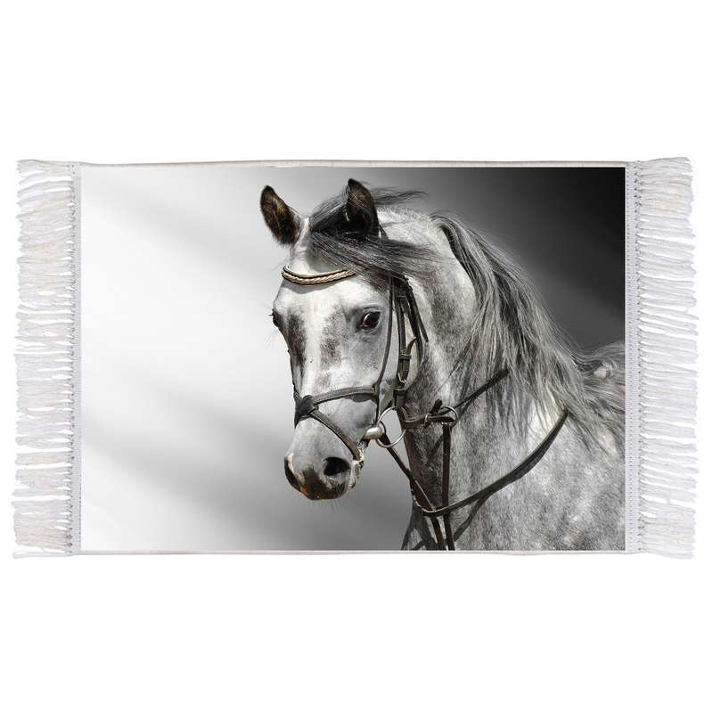 فرش ماشینی دیوارکوب اطلس آبی طرح سیاه و سفید حیوان اسب مدل T1314