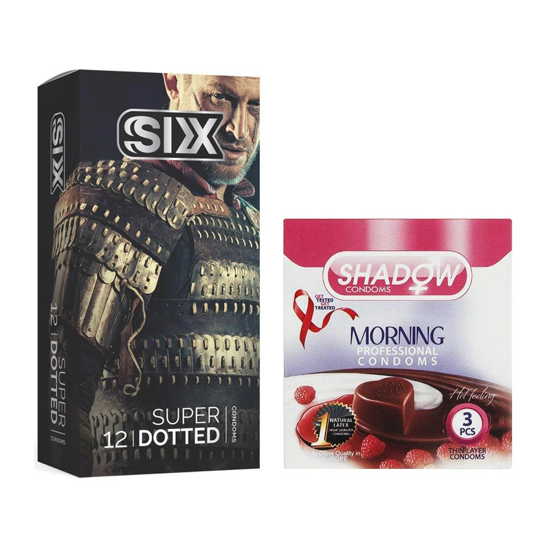 کاندوم سیکس مدل Super Dotted بسته 12 عددی به همراه کاندوم شادو مدل Morning بسته 3 عددی