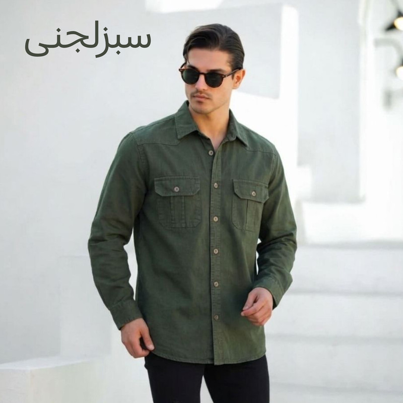پیراهن آستین بلند یقه برگردان با تنخور آزاد مردانه تاج نیا مدل تمام دگمه دو جیب