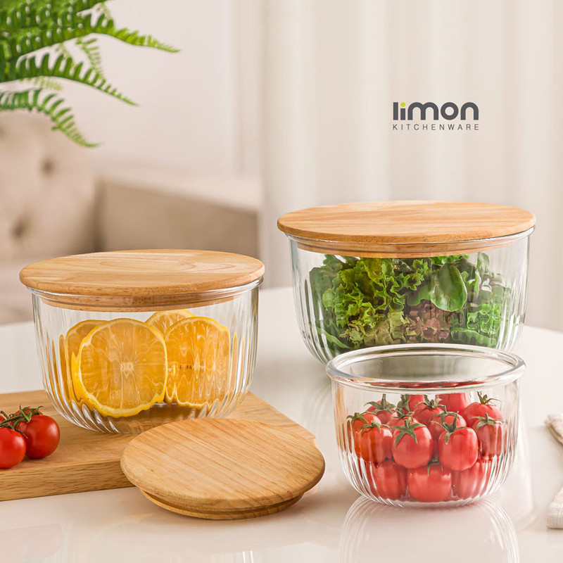 ظرف نگهدارنده لیمون مدل گرد شیاردار درب چوبی 2212 مجموعه 3 عددی