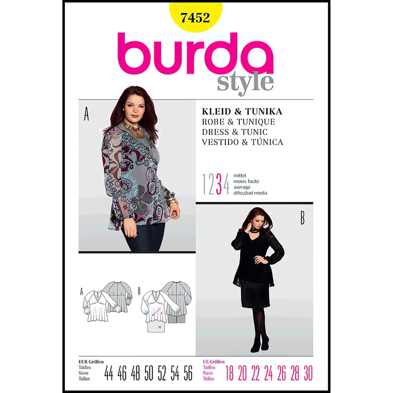 الگو خیاطی پیراهن و تونیک زنانه بوردا استایل کد 7452 سایز 44 تا 56 متد مولر