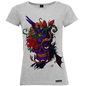 تی شرت آستین کوتاه زنانه 27 مدل Purple Skull with Red Flowers کد MH614