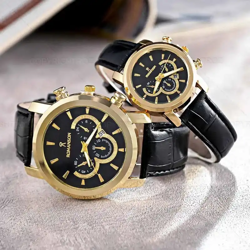 ست ساعت مچی عقربه ای زنانه و مردانه مدل تک موتور ساده چرمی 010