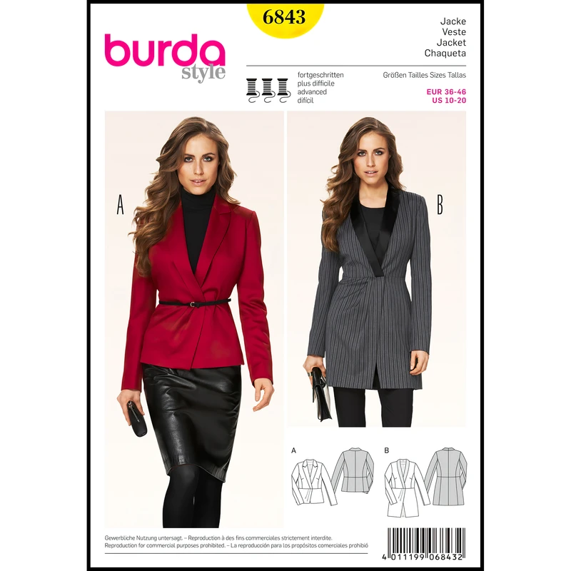 الگو خیاطی کت زنانه بوردا استایل کد 6843 سایز 36 تا 46 متد مولر