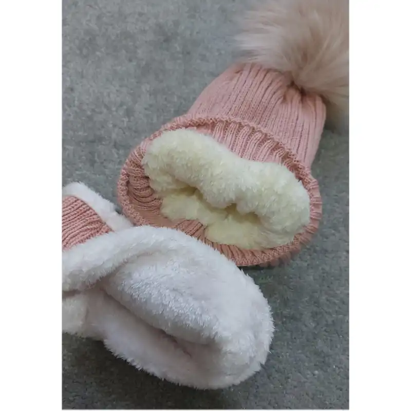 ست کلاه و شال گردن بافتنی بچگانه مدل تدی رنگ صورتی