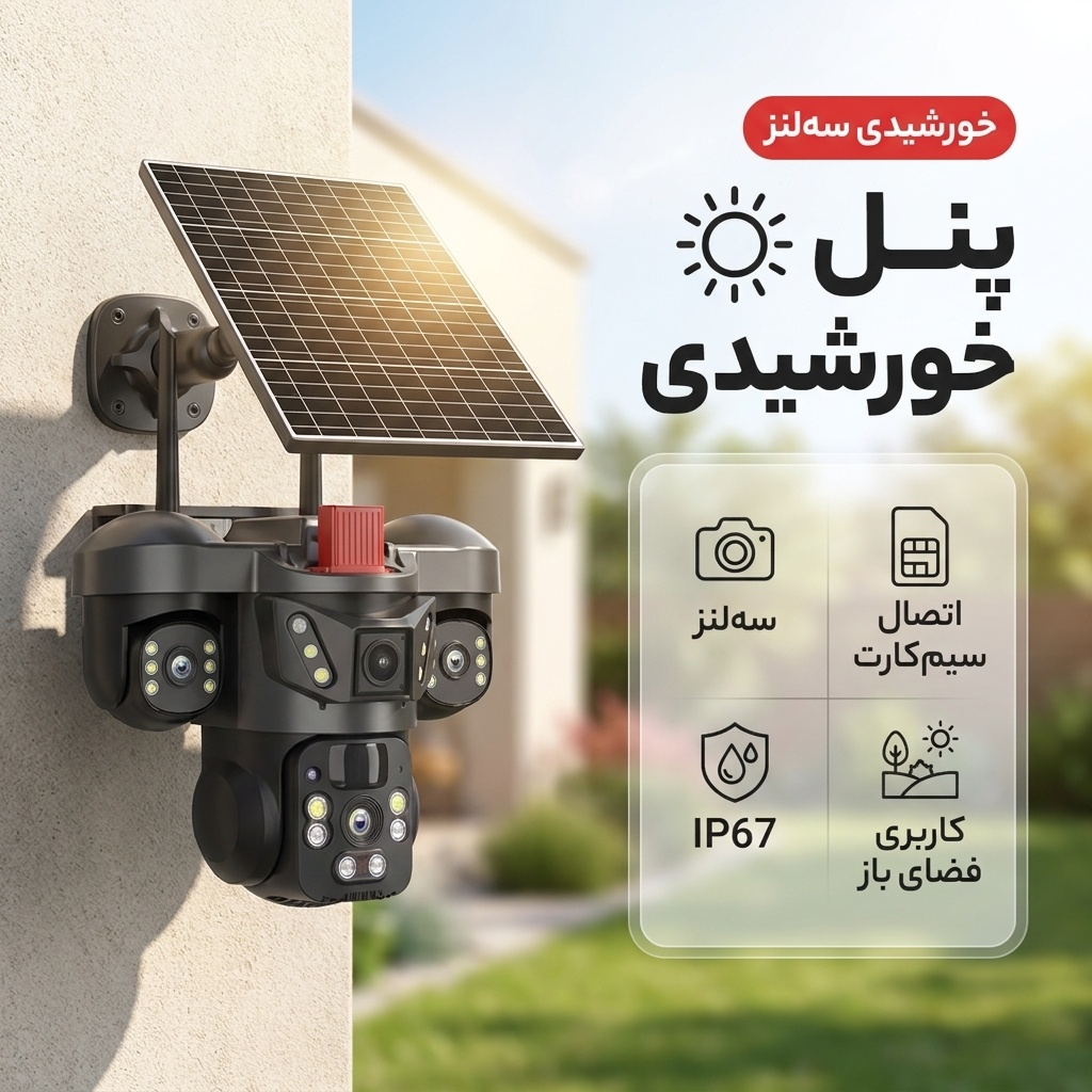 دوربین مداربسته تحت شبکه اسپیددام خورشیدی سه‌لنز، سیم‌کارتی و بی‌سیم، مناسب فضای باز با استاندارد IP شصت‌وهفت و نصب دیواری