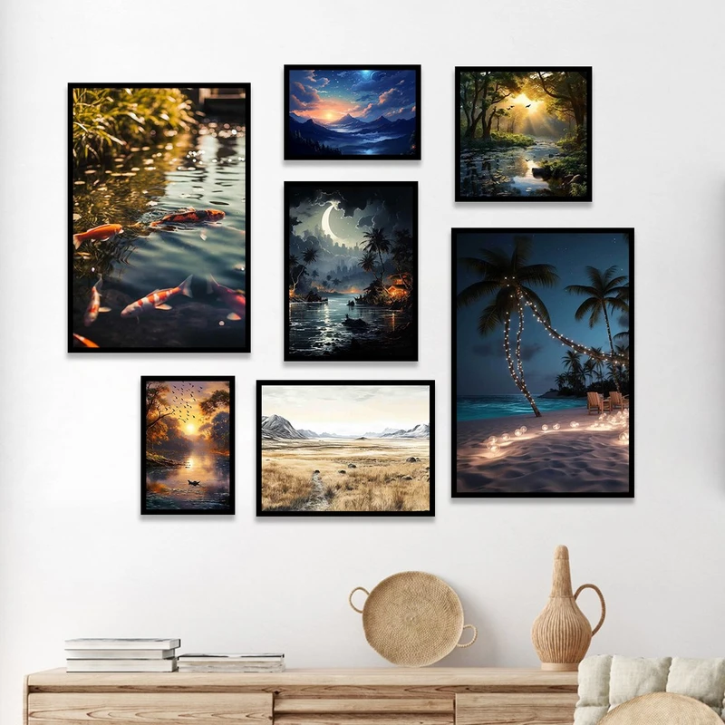 تابلو بکلیت طرح دریا و آسمان مدل شاین اکلیلی B-1128 مجموعه 7 عددی