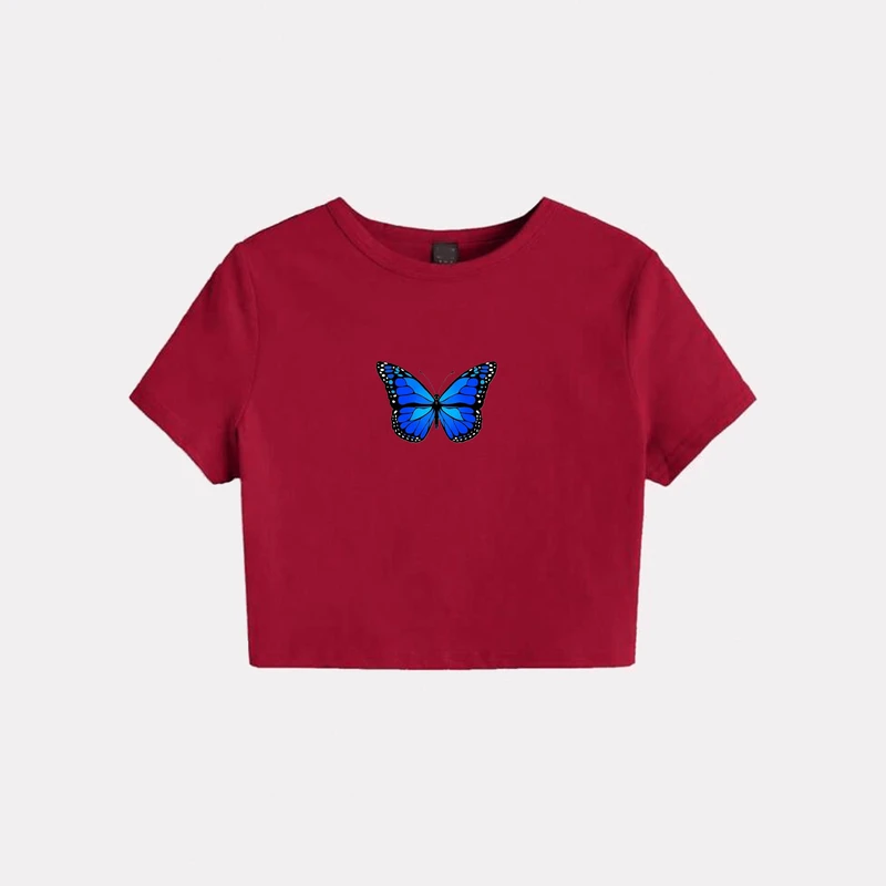 کراپ‌ تی‌شرت آستین کوتاه زنانه مدل C1 طرح پروانه
