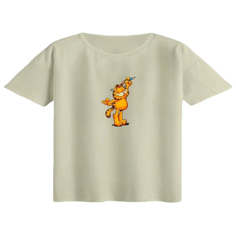 کراپ تی‌شرت آستین کوتاه زنانه مدل گارفیلد کد 04 رنگ کرم