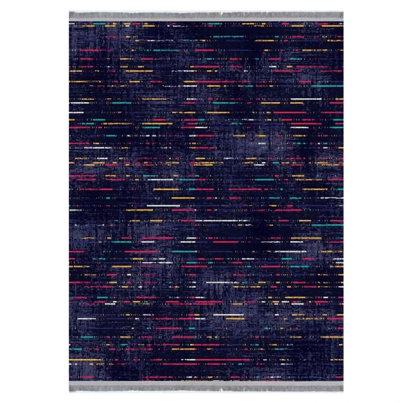 فرش ماشینی 1000 شانه هانوکس زمینه سرمه‌ای حاشیه چند رنگ مدل مینیمال کد HANM.0022.3