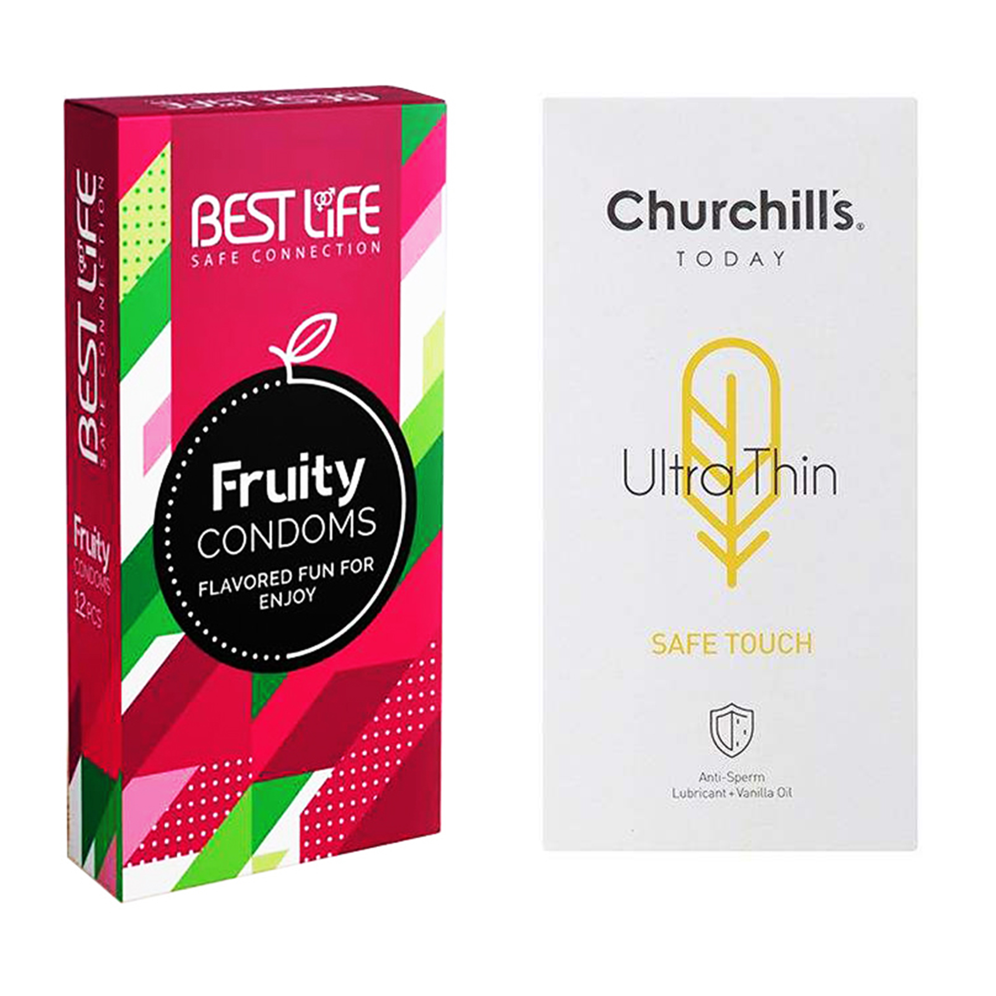 کاندوم چرچیلز مدل Safe Touch بسته 12 عددی به همراه کاندوم بست لایف مدل Fruity بسته 12 عددی