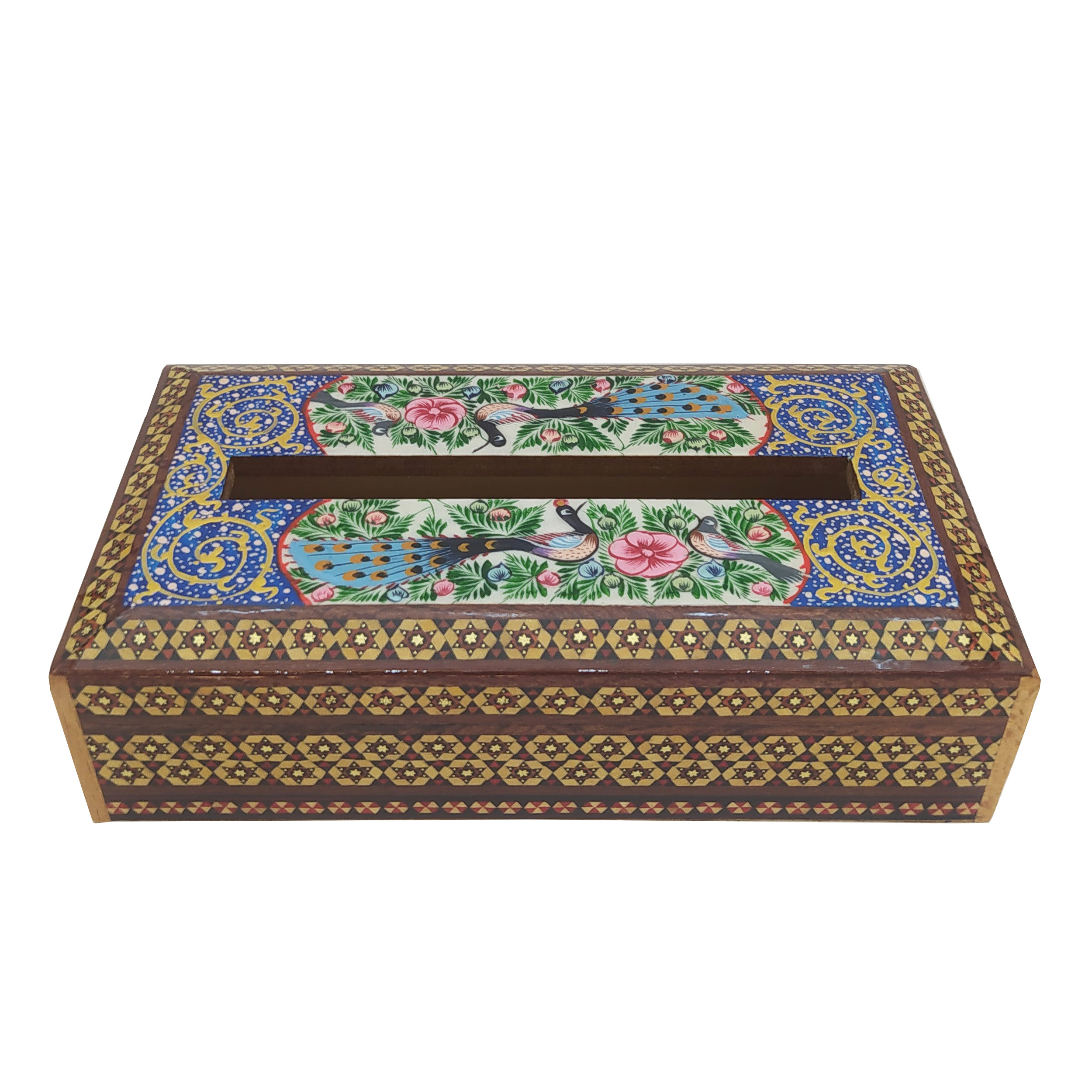 جعبه دستمال کاغذی خاتم کاری طرح گل و مرغ مدل گلسار کد B-1145