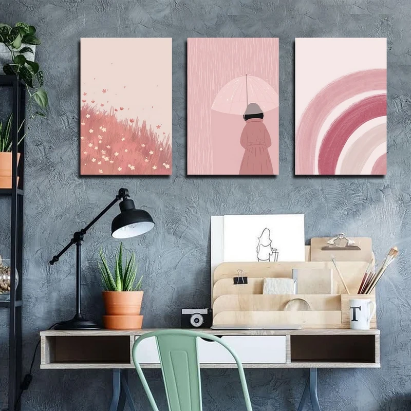 تابلو شاسی بکلیت طرح نقاشی دخترانه و رنگین کمان مدل SH-2289 مجموعه 3 عددی