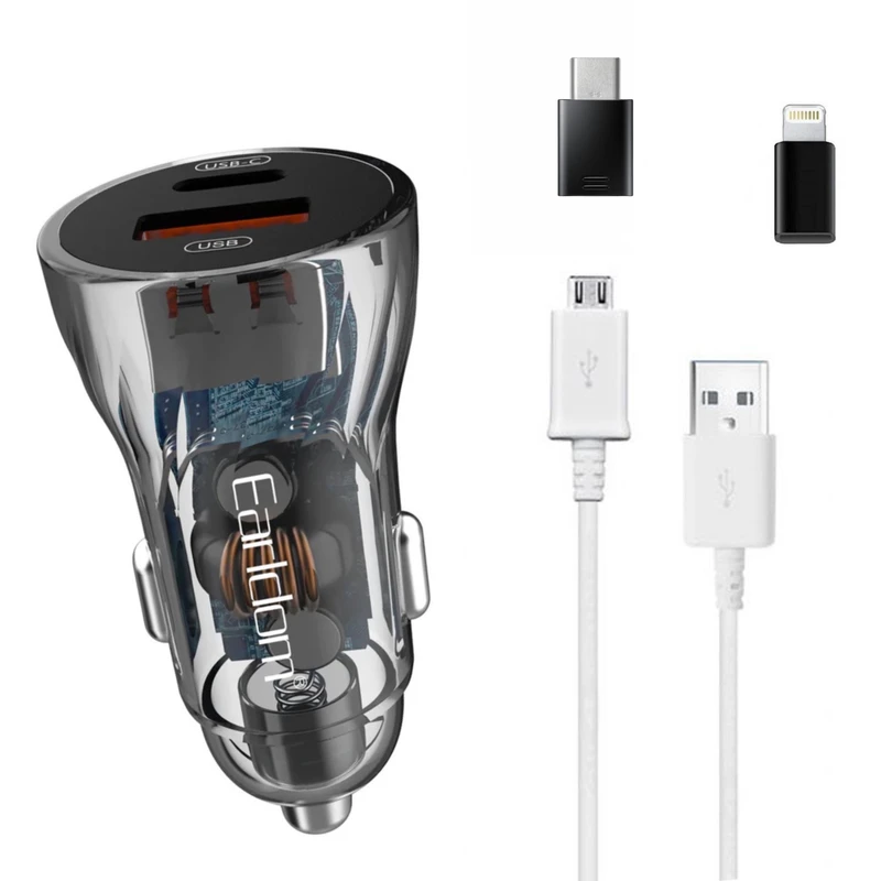 شارژر فندکی 48 وات ارلدام مدل ES-CC17 به همراه کابل تبدیل microUSB / لایتنینگ / USB-C