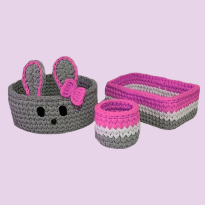 سبد قلاب بافی تریکو طرح سیسمونی نوزادی خرگوشی کد 3 مجموعه 3 عددی