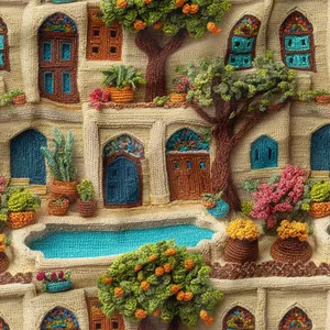 پارچه ملحفه عرض 1.5 متر پارچه باما طرح پنج بعدی خونه قدیمی  ایرانی کد 5015260 رنگ سبز