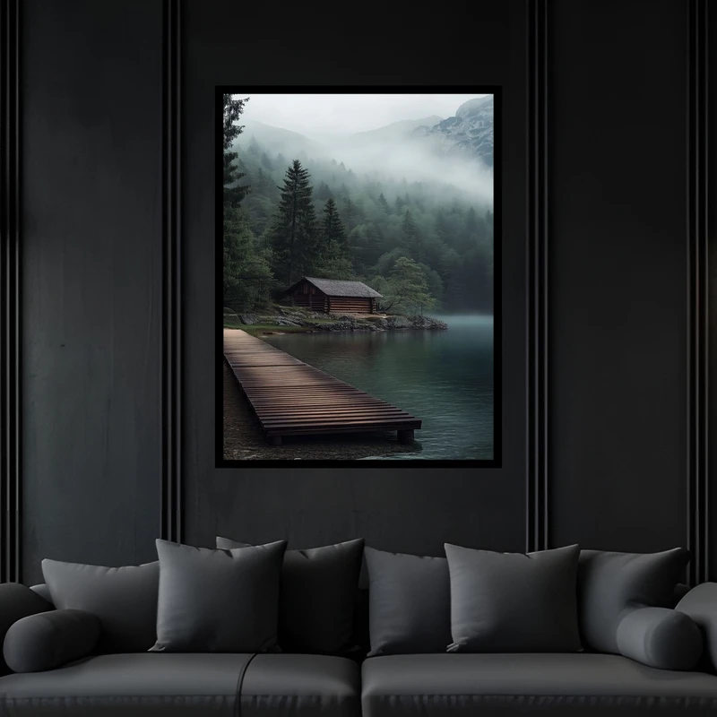 تابلو بکلیت طرح هنری دکوری کلبه جنگلی و منظره بارانی طبیعت مدل B-bu6126 فریم مشکی