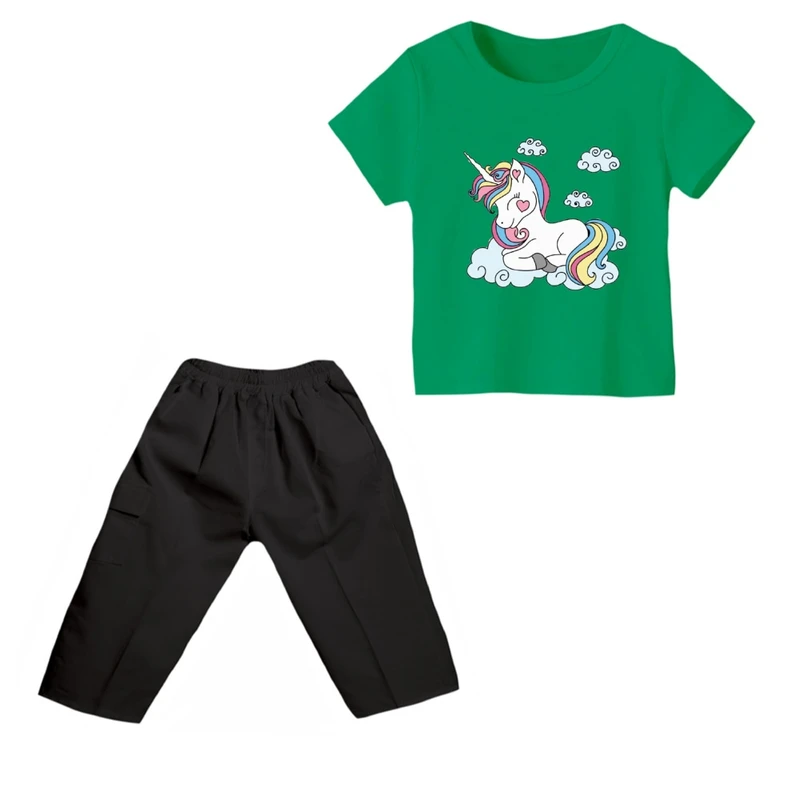 ست تی شرت و شلوارک دخترانه مدل یونیکورن کد ۱۷ رنگ سبز