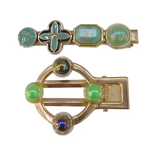 گیره مو زنانه مدل  مجلسی فلزی نگین دار رنگ سبز مجموعه 2 عددی