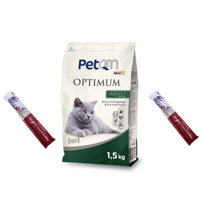 غذای خشک گربه پت کیو ام مدل optimum adult وزن 1/5 کیلوگرم به همراه دوعدد بستنی بیولاین
