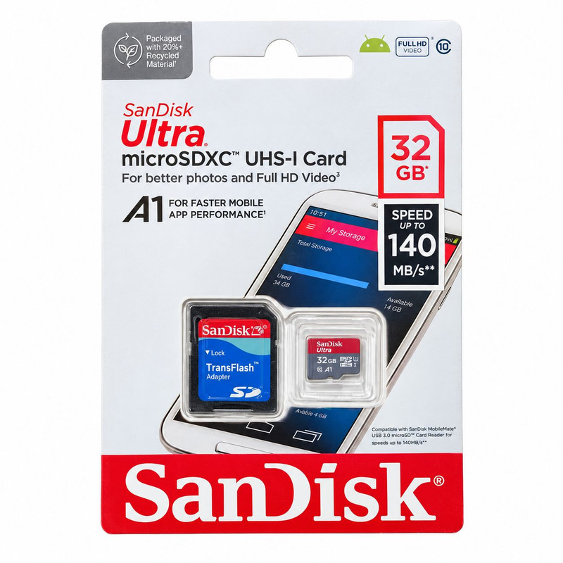 کارت حافظه microSDXC سن‌دیسک مدل Ultra A1 کلاس 10 استاندارد UHS-I U1 سرعت 140 مگابایت بر ثانیه ظرفیت 32 گیگابایت