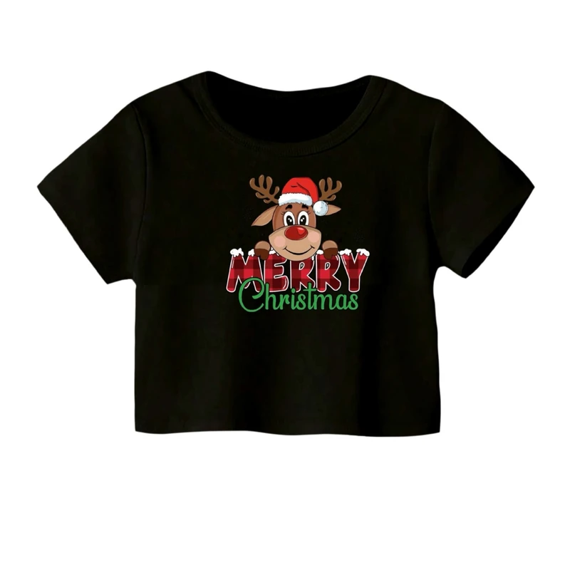 کراپ‌ تی‌شرت آستین کوتاه زنانه مدل گوزن کریسمس کد 24