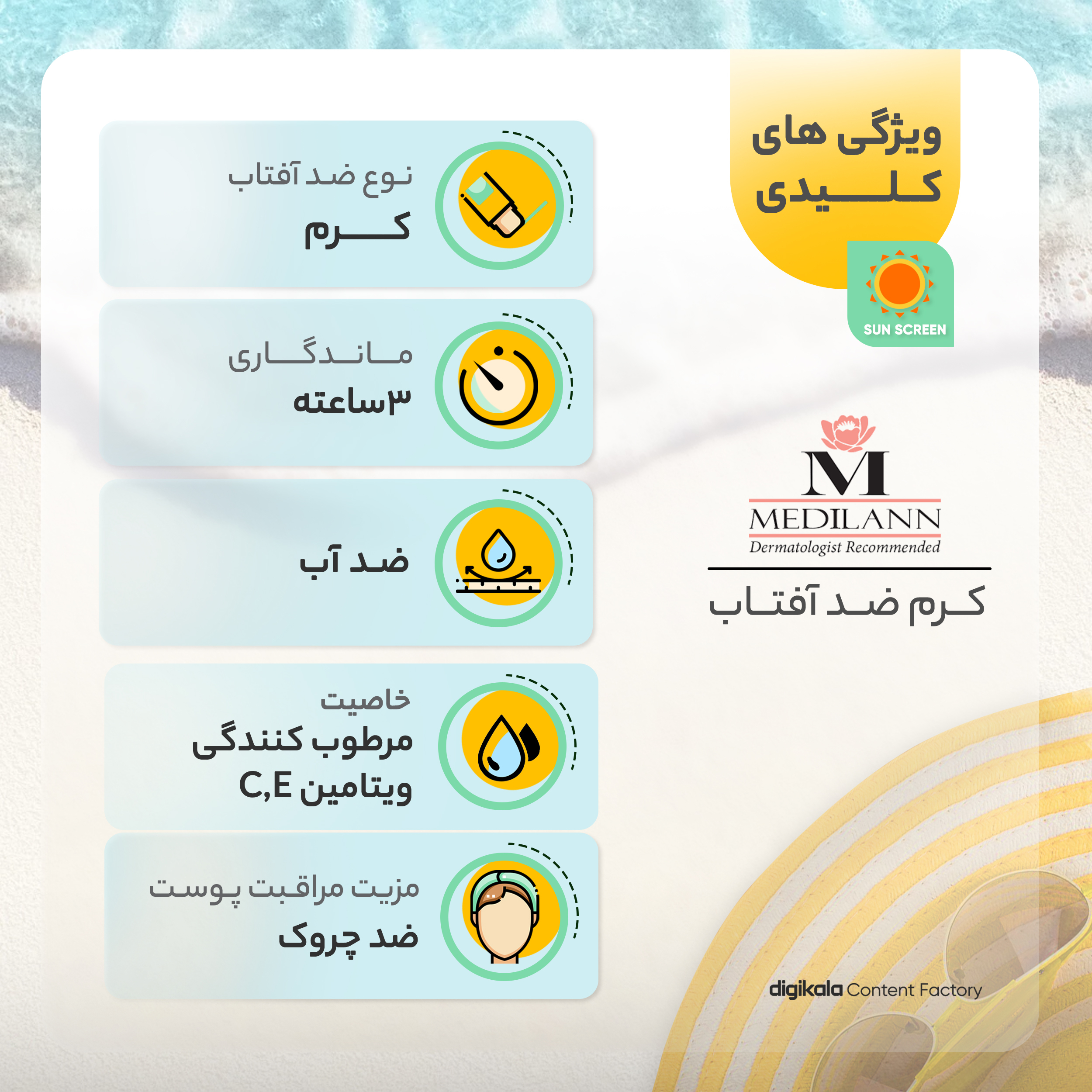 کرم ضد آفتاب رنگی مدیلن SPF50 محافظ UVA ،UVB، ضد چروک، ضد آب، مرطوبکننده، مناسب پوستهای معمولی و خشک حجم 50 میلیلیتر