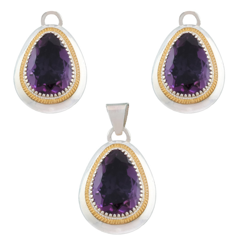 نیم ست نقره زنانه مدل اشکی نگین دست ساز آماتیس طبیعی کد SHS-46