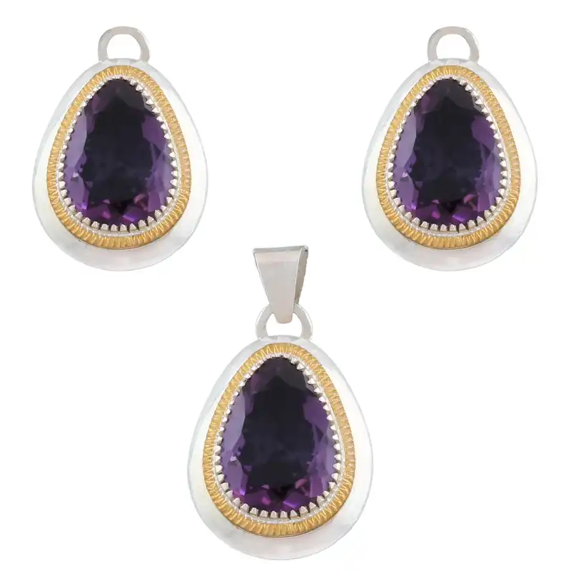 نیم ست نقره زنانه مدل اشکی نگین دست ساز آماتیس طبیعی کد SHS-46