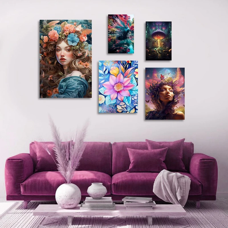 تابلو شاسی بکلیت طرح نقاشی مدرن رنگ روغن چهره و گل مدل SH-1381 مجموعه 5 عددی
