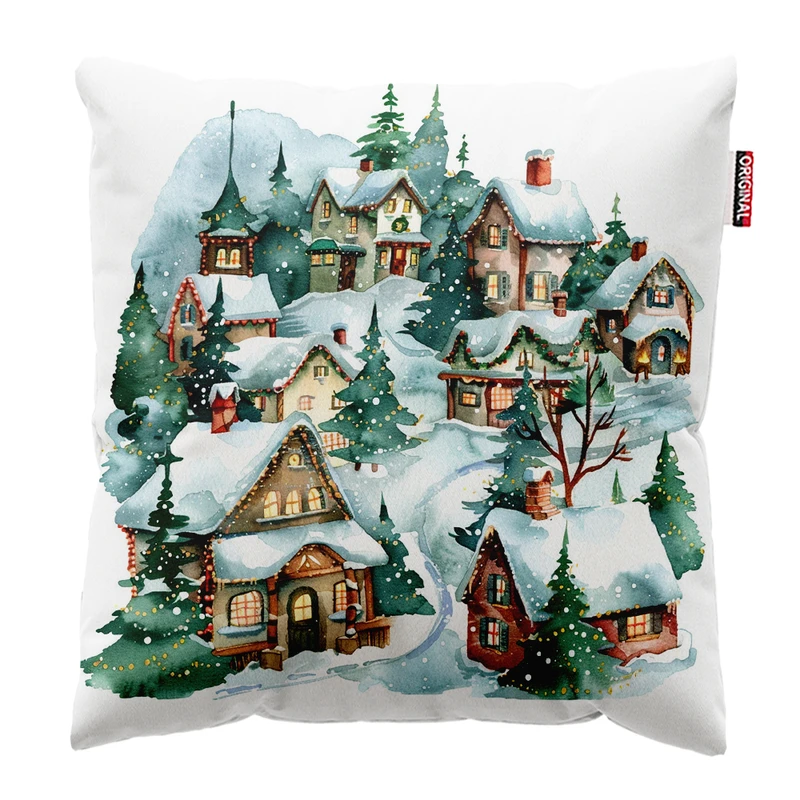 کوسن پاد آفرین مدل زمستان طرح دهکده برفی کد PK302537 سایز 30*30 سانتی متر 