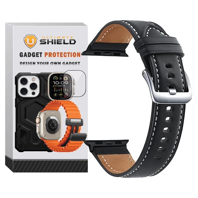بند آلتیمیت شیلد مدل Leather SM BK مناسب برای اپل واچ 49 میلی متری سری Ultra 3