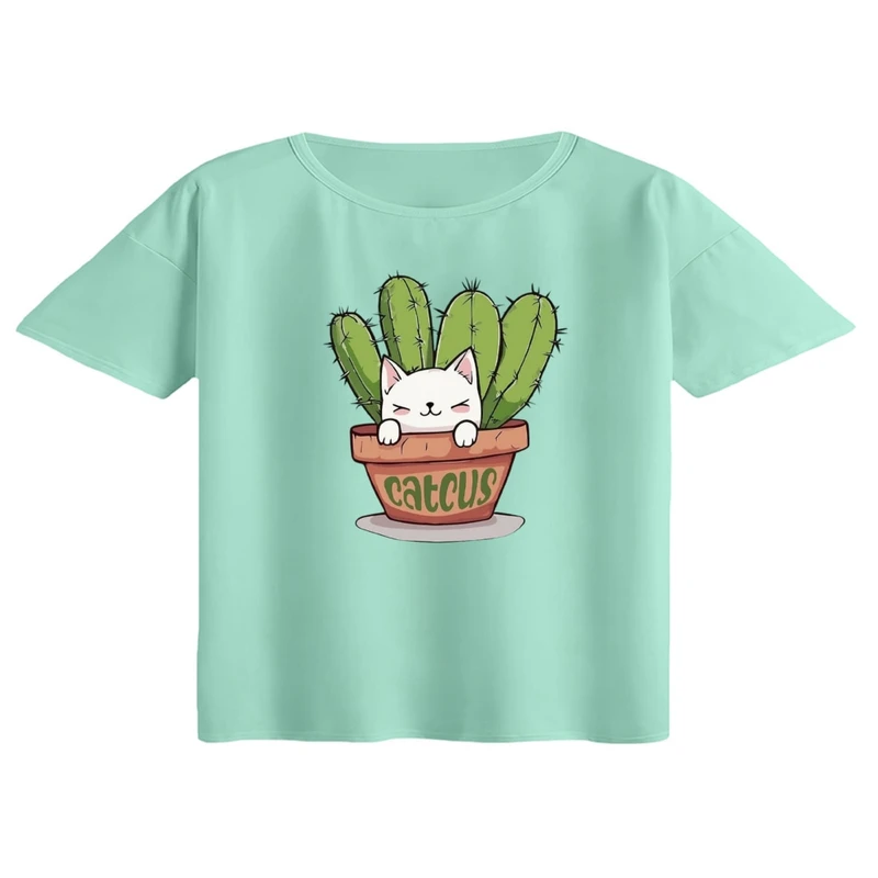 کراپ تی‌شرت آستین کوتاه زنانه مدل کاکتوس و گربه کد 2