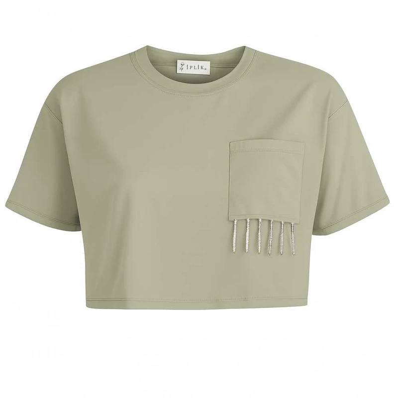 کراپ تی‌شرت زنانه ایپلیک زی مدل جیب دار کد IP22.4