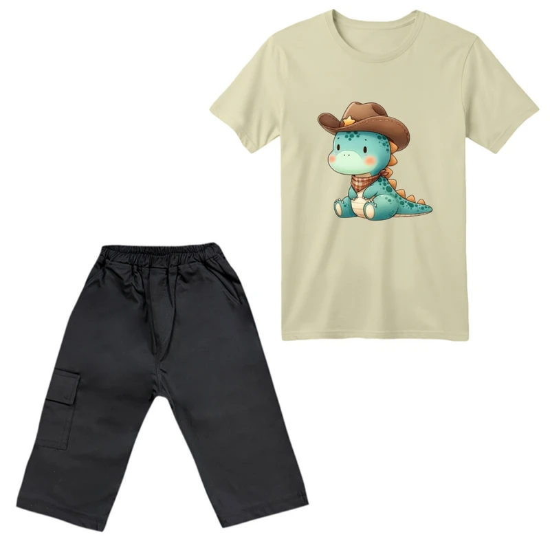 ست تی‌شرت آستین کوتاه و شلوارک پسرانه مدل دایناسور کد 010