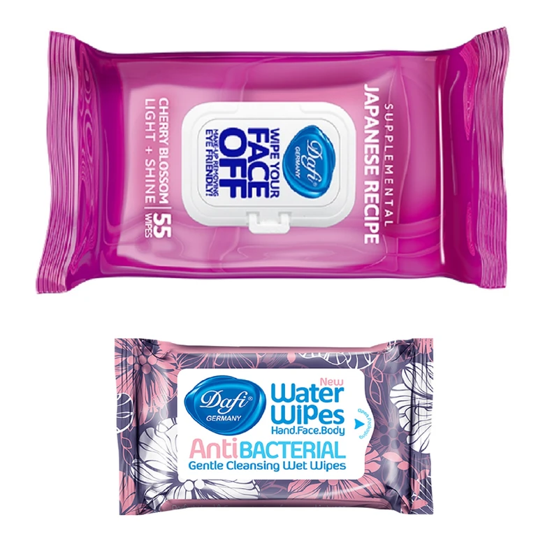 دستمال مرطوب دافی مدل گیلاس ژاپنی بسته 55 عددی به همراه دستمال مرطوب دافی مدل01 بسته 10 عددی