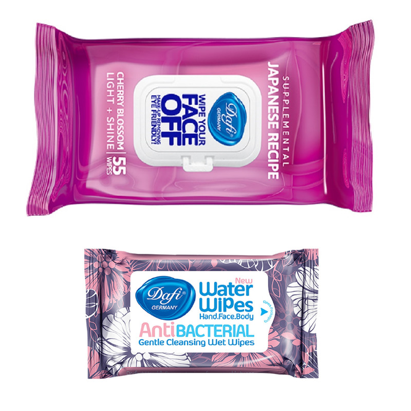 دستمال مرطوب دافی مدل گیلاس ژاپنی بسته 55 عددی به همراه دستمال مرطوب دافی مدل01 بسته 10 عددی