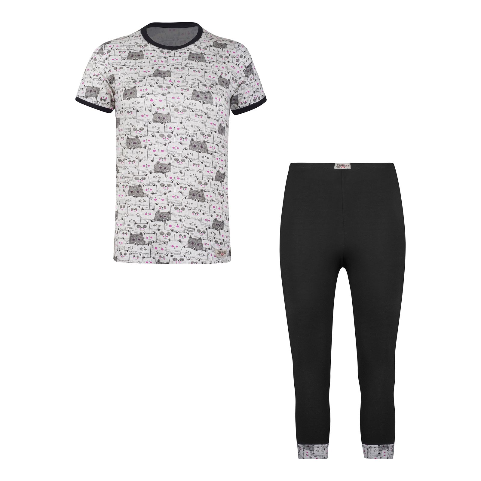 ست تی شرت و شلوارک زنانه پنبینه مدل نخ پنبه طرح گربه -  - 1