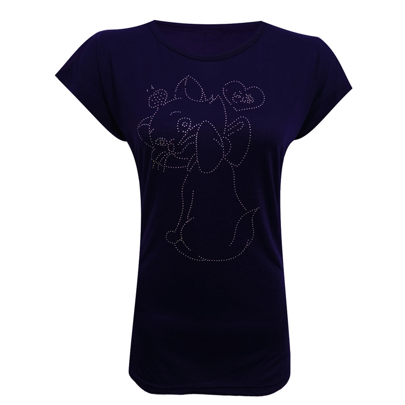 تی شرت آستین کوتاه زنانه مدل گربه خوشحال نگینی کد tm-2420 رنگ سرمه ای