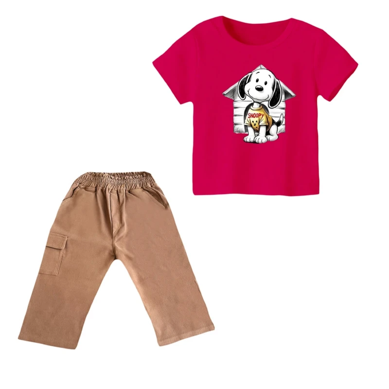 ست تی شرت و شلوارک پسرانه مدل اسنوپی کد ۸۱ رنگ سرخابی