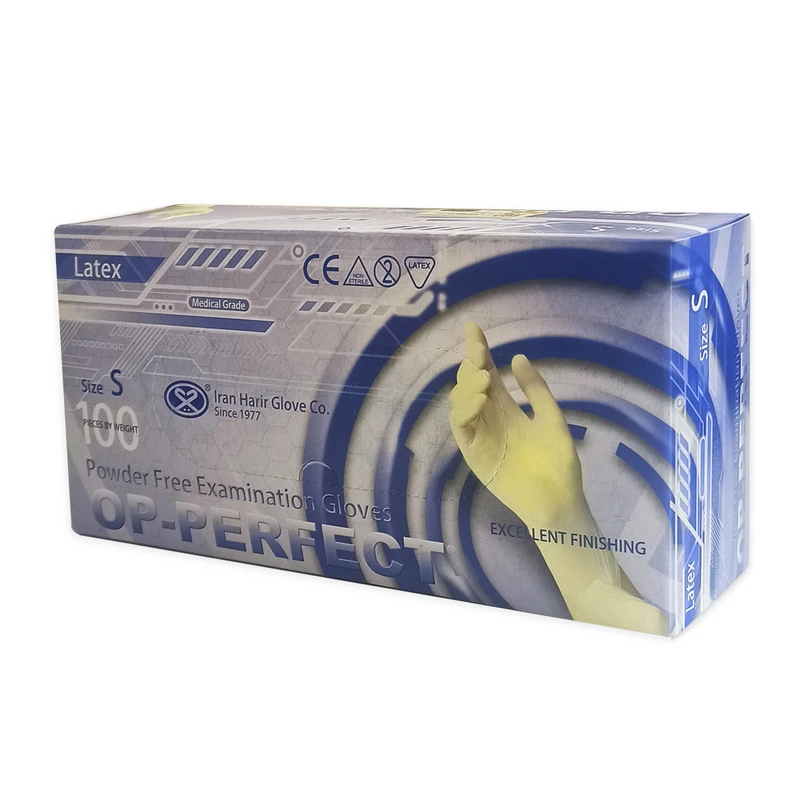 دستکش لاتکس غیر پودری حریر مدل اوپی پرفکت سایز کوچک (S) بسته 100 عددی