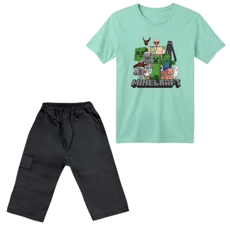 ست تی‌شرت آستین کوتاه و شلوارک پسرانه مدل ماینکرفت کد 004 رنگ سبز روشن