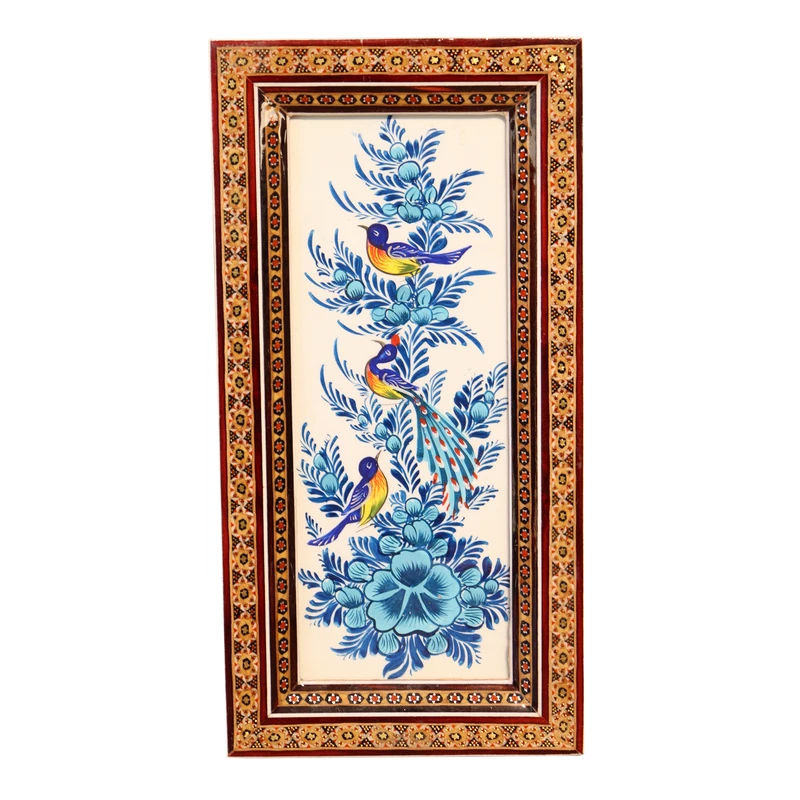 تابلو خاتم کاری چوبی صنایع دستی فاخر مدل سنتی طرح نقاشی گل و مرغ آبی کد 30p15in2510Bl