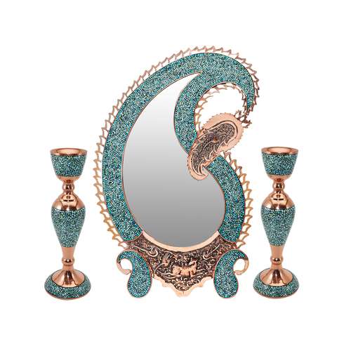 ست 3 تکه آینه و شمعدان فیروزه کوبی مدل بته جقه طرح ضامن آهو کد 4634