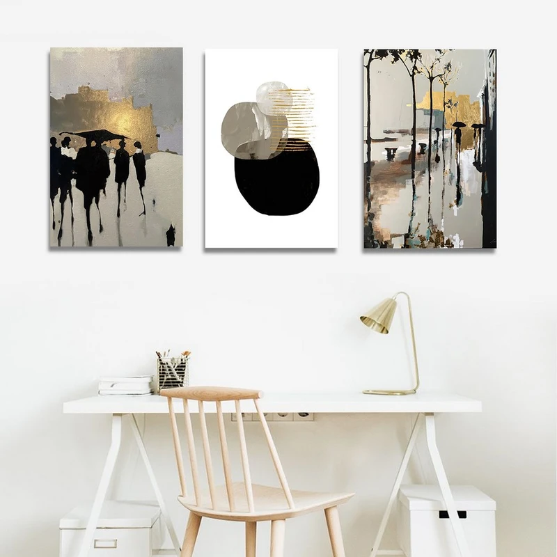 تابلو شاسی بکلیت طرح دکوری مدرن نقاشی رنگ روغن طلایی مدل SH-1446 مجموعه 3 عددی