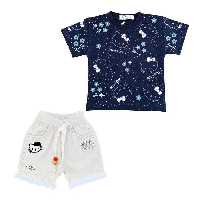 ست تی‌شرت آستین کوتاه و شلوارک دخترانه مدل کتان نگین دار طرح کیتی