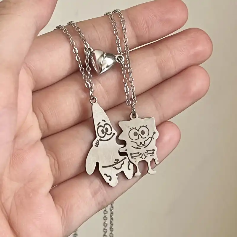 گردنبند مدل دوستی طرح پاتریک و باب اسفنجی آهنربایی بسته 2 عددی