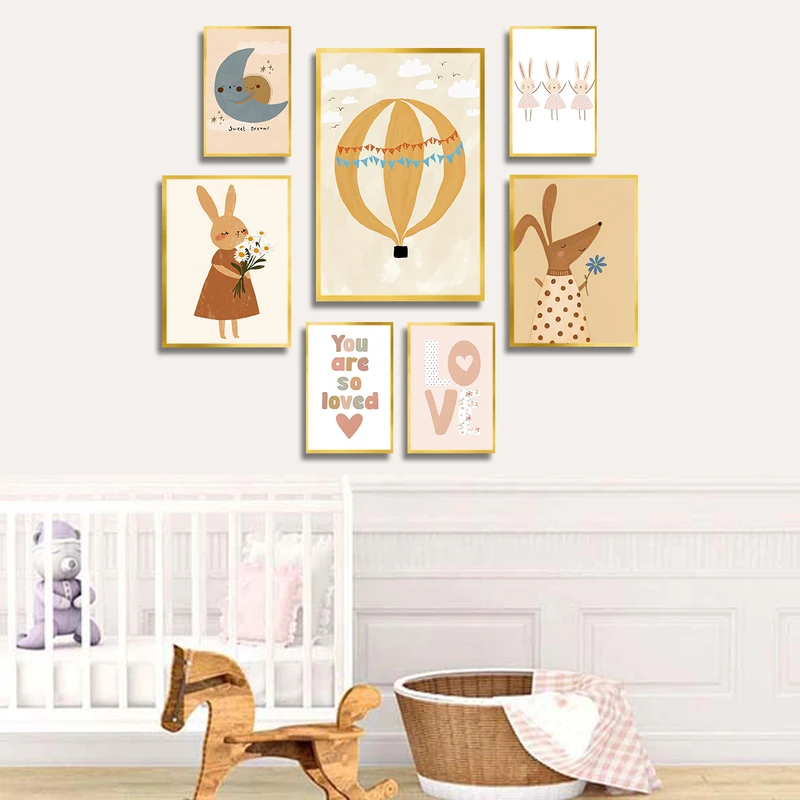 تابلو بکلیت طرح نقاشی فانتزی و اتاق کودک مدل T-3717 فریم طلایی مجموعه 7 عددی